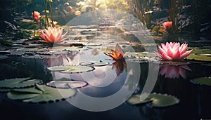 Beautiful lotus flower floating on tranquil pond water generated by AI