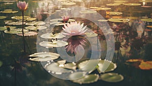 A beautiful lotus flower floats on the tranquil pond water generated by AI