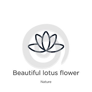 Beautiful lotus flower icon. Thin linear beautiful lotus flower outline icon isolated on white background from nature collection.
