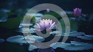 Beautiful Lotus that has been appreciated with the dark blue water surface. Generative AI