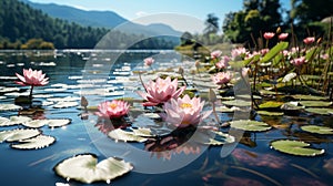 Beautiful lotus pond. Generative AI.