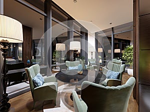 Beautiful lounge area of the hotel in a modern style, with luxurious furniture