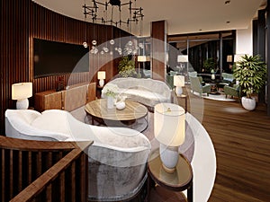 Beautiful lounge area of the hotel in a modern style, with luxurious furniture