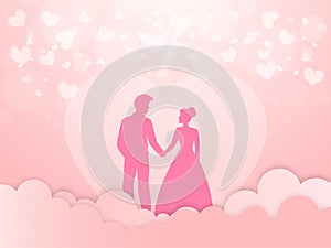 Beautiful Love Greeting Card Design, Silhouette of Romantic Couple Character on Pink Cut Cloudy and Hearts Background