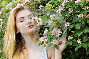 Beautiful lovely girl with long blonde hair enjoying nature near blooming rosebush in a white t-shirt with full lips bright summer