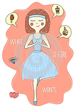 Beautiful, lovely, little cartoon ballerina, dreaming about sweets. Diet. Vector illustration