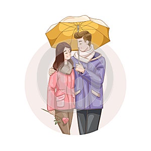 Beautiful loving couple walking under umbrella