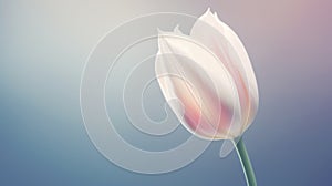 Beautiful lush large tulip bud on a blue background close-up. White flower with petals