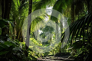 Beautiful lush palm forest vegetation. Footpath in dense tropical rainforest. Deep and dense green jungle. Generative AI