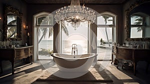 Beautiful luxurious bathroom with a freestanding bathtub, Generative AI