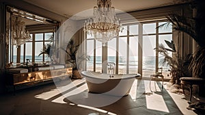 Beautiful luxurious bathroom with a freestanding bathtub, Generative AI