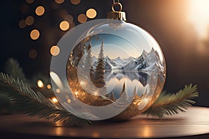 Beautiful luxurious Christmas bauble with painted winter landscape and golden inlays.