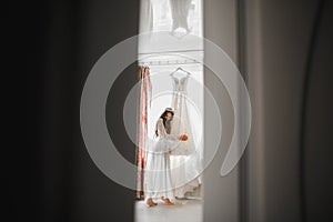 Beautiful luxury bride in elegant white dress