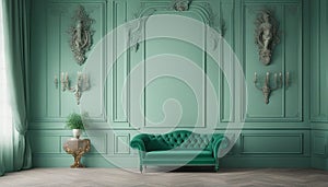 Beautiful luxury classic blue green clean interior room in classic style with green soft armchair. Vintage antique blue-green