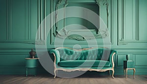 Beautiful luxury classic blue green clean interior room in classic style with green soft armchair. Vintage antique blue-green