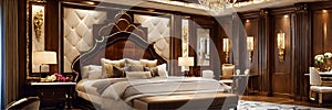 Beautiful luxury dark wood european classic bedroom suite in hotel Generative AI
