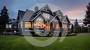 Beautiful luxury home exterior at twilight. Beautiful New House with Green Grass. generative ai