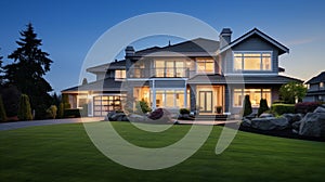 Beautiful luxury home exterior at twilight. Beautiful New House with Green Grass. generative ai