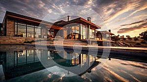 Beautiful Luxury Home with Swimming Pool at Sunset. Generative Ai