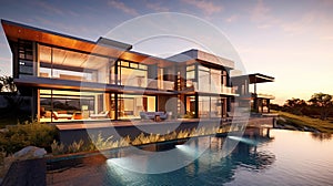 Beautiful Luxury Home with Swimming Pool at Sunset. Generative Ai