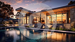 Beautiful Luxury Home with Swimming Pool at Sunset. Generative Ai