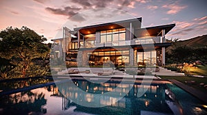 Beautiful Luxury Home with Swimming Pool at Sunset. Generative Ai