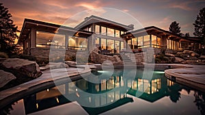 Beautiful Luxury Home with Swimming Pool at Sunset. Generative Ai