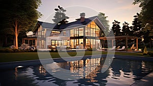 Beautiful Luxury Home with Swimming Pool at Sunset. Generative Ai