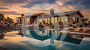 Beautiful Luxury Home with Swimming Pool at Sunset. Generative Ai