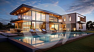 Beautiful Luxury Home with Swimming Pool at Sunset. Generative Ai