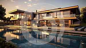 Beautiful Luxury Home with Swimming Pool at Sunset. Generative Ai