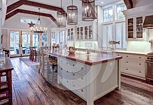 Beautiful luxury kitchen and dining room with view windows