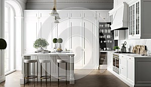 Beautiful Luxury Kitchen Interior in white with wooden floor and kitchen island, Generative AI