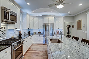 Beautiful luxury kitchen with quartz and granite countertops and white cabinets