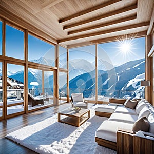 A beautiful luxury penthouse suite in an exclusive vacation hotel in the Incredible alpine panoramic views of the snowy mountains