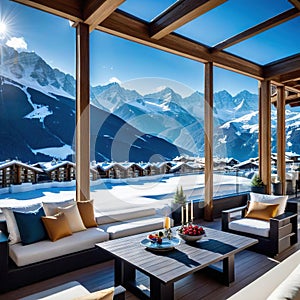 A beautiful luxury penthouse suite in an exclusive vacation hotel in the Incredible alpine panoramic views of the snowy mountains