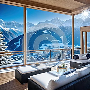 A beautiful luxury penthouse suite in an exclusive vacation hotel in the Incredible alpine panoramic views of the snowy mountains