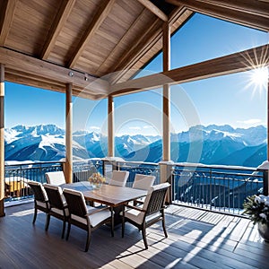 A beautiful luxury penthouse suite in an exclusive vacation hotel in the Incredible alpine panoramic views of the snowy mountains