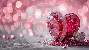 Beautiful red heart made of ruby gemstone on a pink background. AI generated.