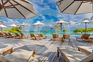 Beautiful luxury umbrella and chair around outdoor swimming pool in hotel and resort with coconut palm tree on blue sky