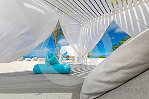 Beautiful luxury vip canopy umbrella and chair around beach sea ocean with blue sky for resort travel vacation