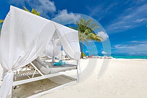 Beautiful luxury vip canopy umbrella and chair around beach sea ocean with blue sky for resort travel vacation