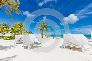 Beautiful luxury vip canopy umbrella and chair around beach sea ocean with blue sky for resort travel vacation