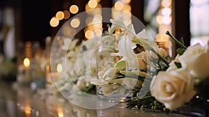 Beautiful luxury wedding floral centerpieces flower bouquet in a vase or pot on the wedding table or as a decoration in a romantic