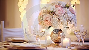 Beautiful luxury wedding floral centerpieces flower bouquet in a vase or pot on the wedding table or as a decoration in a romantic