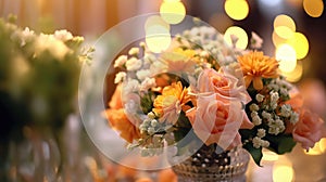 Beautiful luxury wedding floral centerpieces flower bouquet in a vase or pot on the wedding table or as a decoration in a romantic