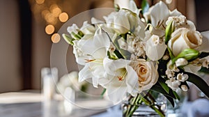 Beautiful luxury wedding floral centerpieces flower bouquet in a vase or pot on the wedding table or as a decoration in a romantic