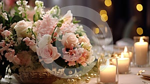 Beautiful luxury wedding floral centerpieces flower bouquet in a vase or pot on the wedding table or as a decoration in a romantic