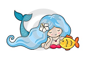 Beautiful lying dreamy mermaid with long wavy blue hair.