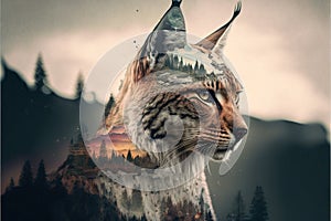 Beautiful modern design lynx with double exposure nature background